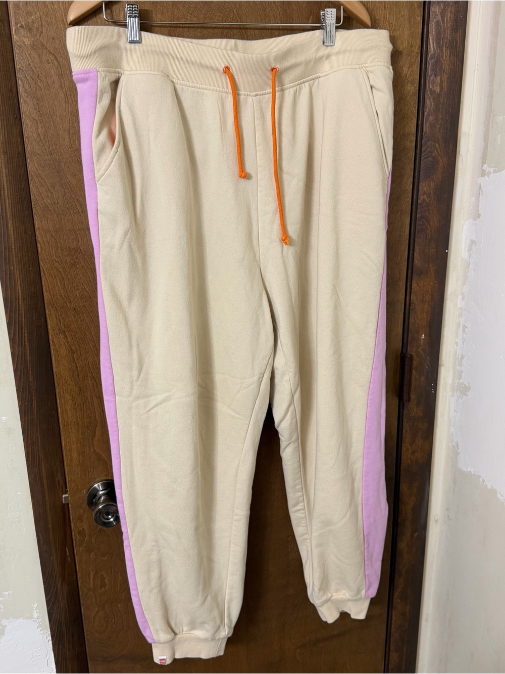 Lego Women’s 1X Cream Track Pants with Pink Side Stripes and Orange Drawstring
